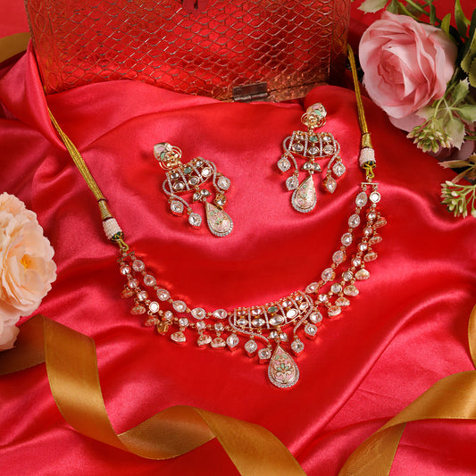 Inverted Crown-Shaped inspired Meenkari kundan Jewelry set: Back Setting Kundan with AD Stones & Sea Blue Accent, Featuring Inverted Crown-Shaped Earrings
