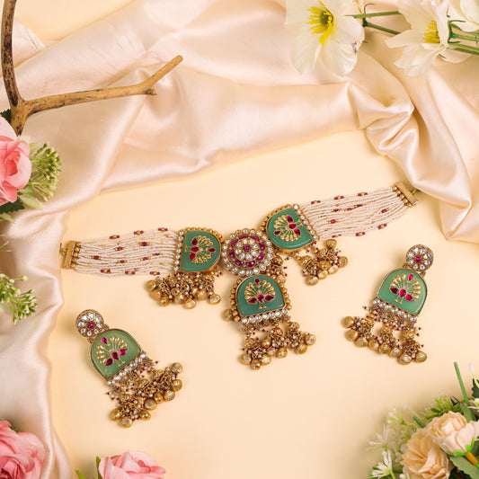 Heritage Rajwadi Necklace: Moti Bandai Work with Ruby & Kundan Stones, Pearls, and Sea-Green Carving Stone Design