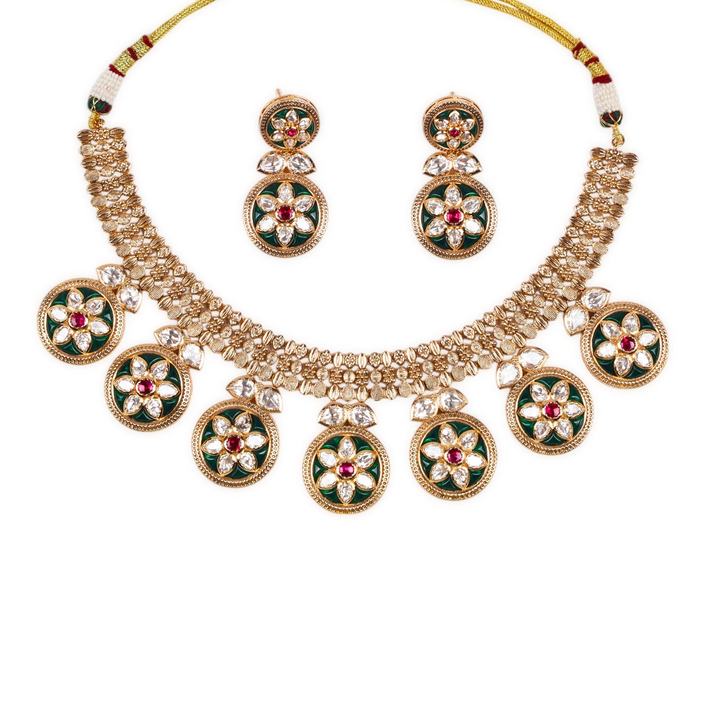Epoxy Kundan Green Meenakari Set: Featuring Ruby and Kundan Stones, with Matte Gold Polish