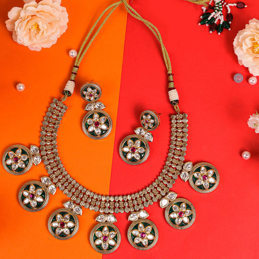 Epoxy Kundan Green Meenakari Set: Featuring Ruby and Kundan Stones, with Matte Gold Polish