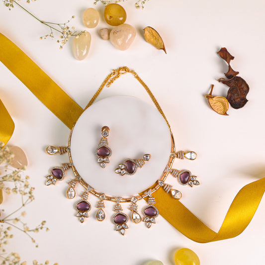 Gold plated Kundan back setting Necklace studded with Purple Glass Stone & AD Stones