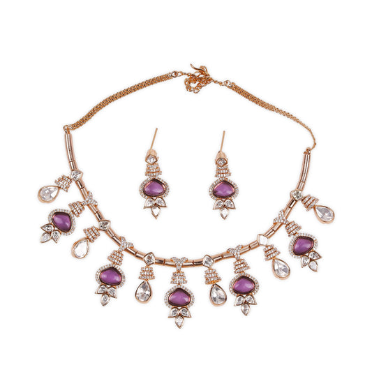 Gold plated Kundan back setting Necklace studded with Purple Glass Stone & AD Stones