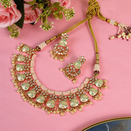 Computerized Sea Green Meenakari Necklace: Back-Setting Kundan Work Adorned with Moti Droplets, Handcrafted Using the Age-Old Bandai Technique