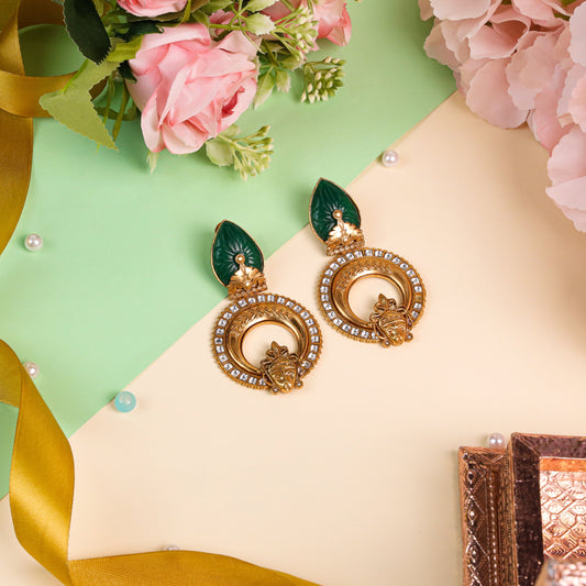 Indo-Western Style Pachi Kundan Earrings Crafted from bottle green carved stone, and durable brass the antique matte gold polish gives a timeless Blend of tradition and modern elegance