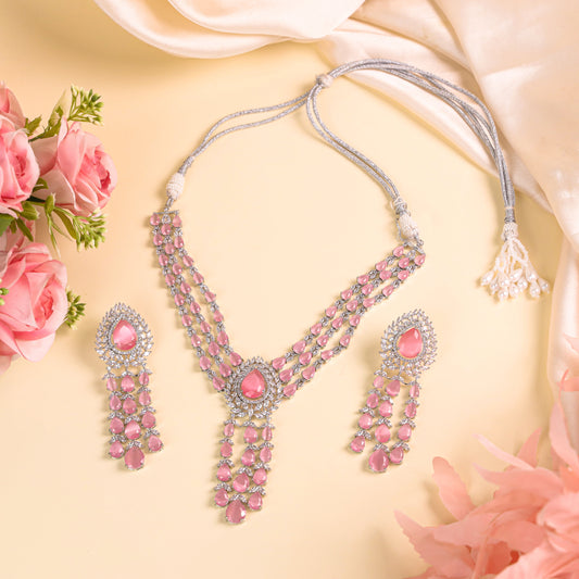 Bollywood-Inspired AD 3-Line V-Neck Necklace Set with Light Pink Stones and Matching Dangle Earrings, Crafted from Premium Brass Metal