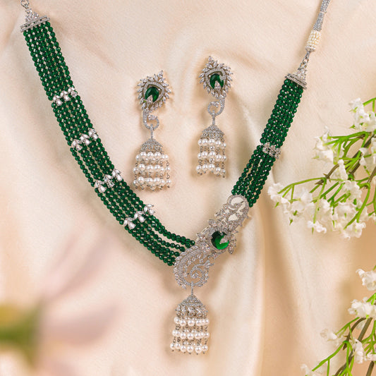 Designer AD Creation Necklace Set featuring Exquisite Hydro Green Beads, Rhodium Polished for a Stunning Finish
