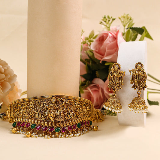 Exquisite Antique Temple-Style Choker Adorned with Ruby and Emerald Stones, Featuring a Graceful Pearl Center and Inspired by Radha Krishna, Symbolizing Love, Prosperity, and Tradition