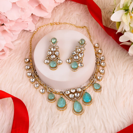 American Diamond-Studded Moissanite Kundan Jewellery Set in Elegant Brass Metal