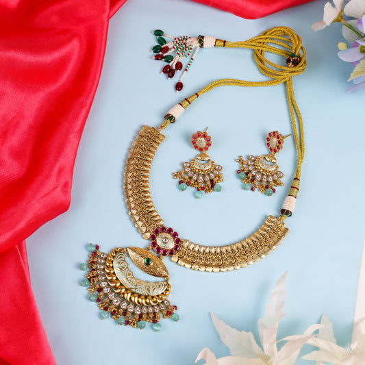 Antique Gold Polish Rajwadi-Style Meenakari Polki Kundan Set with Ruby Accents and Onyx Beads