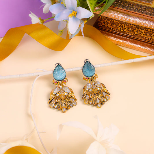 Peacock-Shaped Indo-Western Style Earrings  Adorned with carved sky blue stones, Kundan, the shimmering American Diamond (AD) stones enhanced by black and gold polish