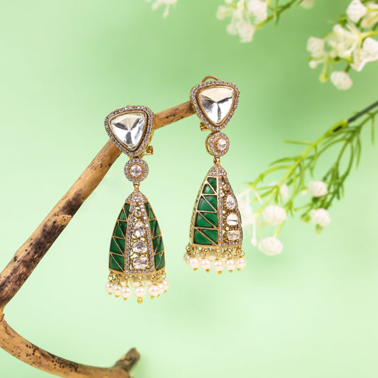 Indo-Western Jhumka-Style Earrings: A Captivating Blend of Moissanite, Kundan, and Sparkling AD Stones Crafted with high-quality brass