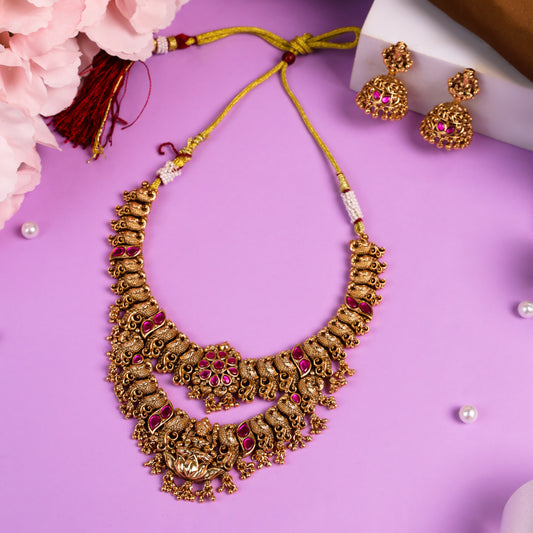 2-Layer Antique Temple style Necklace with sitting Lakshmiji pendant studded with ruby stones