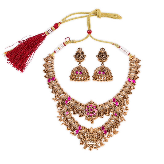2-Layer Antique Temple style Necklace with sitting Lakshmiji pendant studded with ruby stones