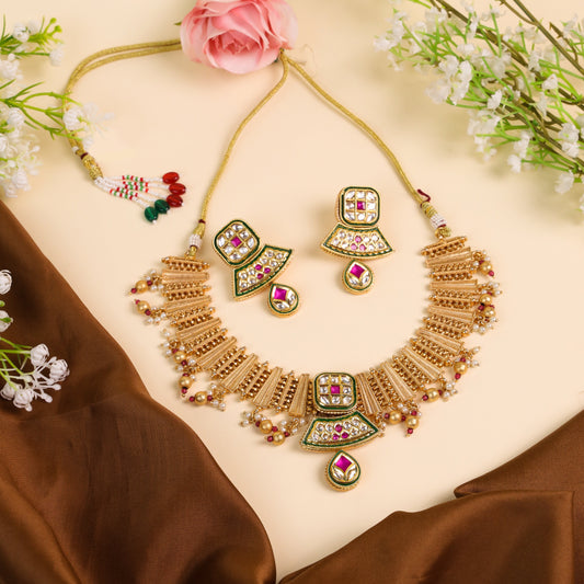 Chandan Haar Look Antique Gold Polished Rajwadi Necklace with Kundan and Ruby Stones, Accentuated by Moti Golden Droplets – A Timeless Heritage Masterpiece