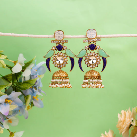Indo-Western Style Mother of Pearl Earrings adorned with sea green and blue carved glass stones, delicate hanging moti (pearls), and intricate Kundan work