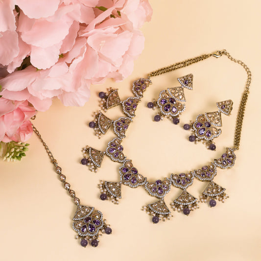 Exquisite Traditional Jewelry Set Crafted from High-Quality Brass, Adorned with Mesmerizing Purple Stones, Reverse AD (American Diamond) Embellishments