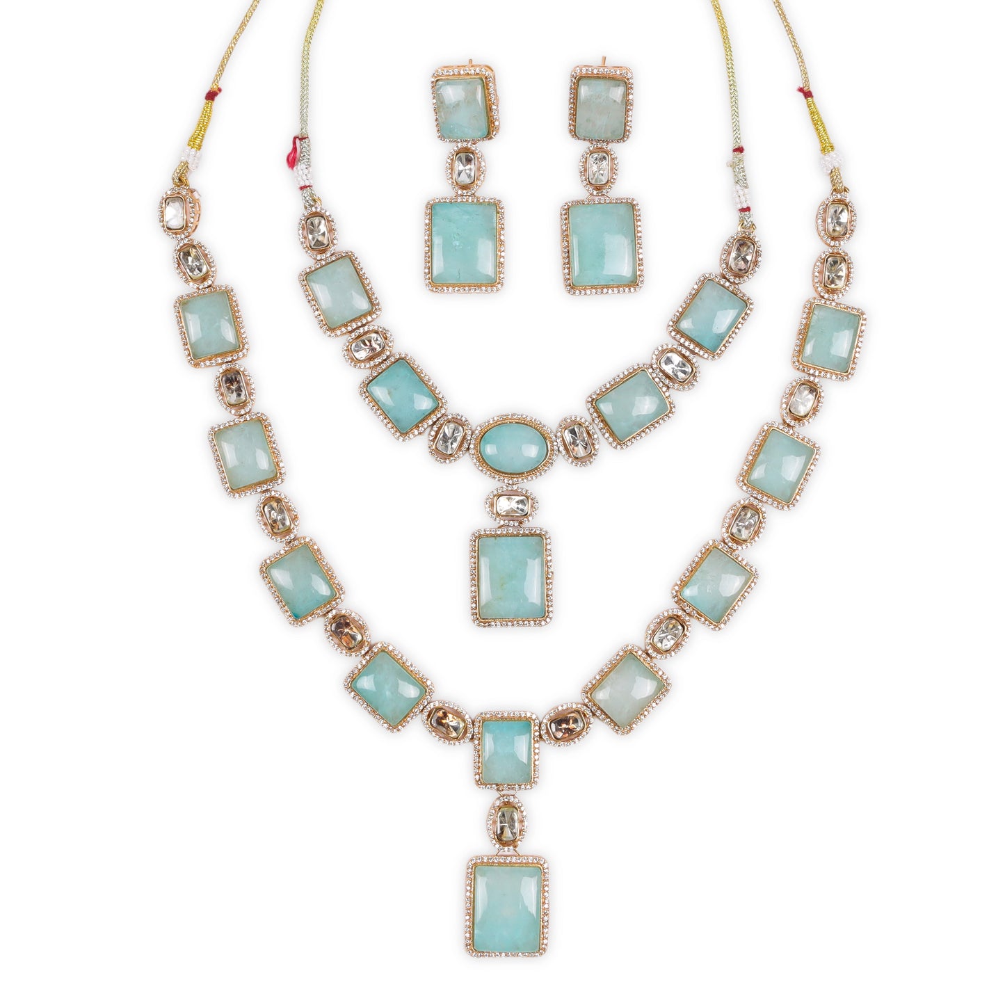 An absolute Showstopper Indo-Western Long-Short Jewelry Sets: AD & Kundan Embellishments with Bold Sea Blue  Stones in Brass Metal