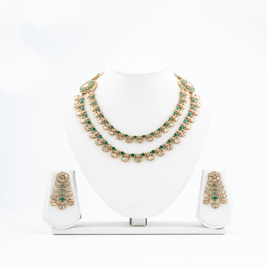Victorian Polish Double layer Indo western style Kundan Necklace Set with chandelier-style Earrings