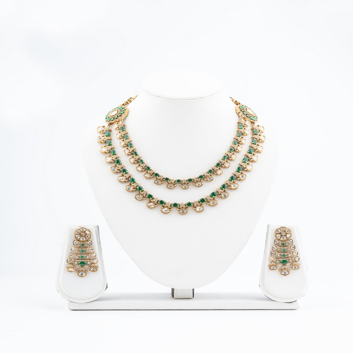 Victorian Polish Double layer Indo western style Kundan Necklace Set with chandelier-style Earrings