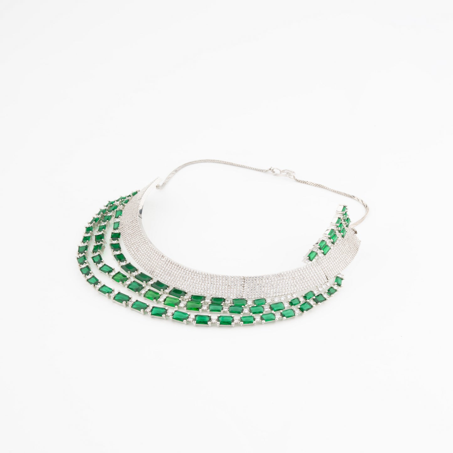 Elegant Bottle Green American Diamond Necklace Set with western designer Side collar detailing