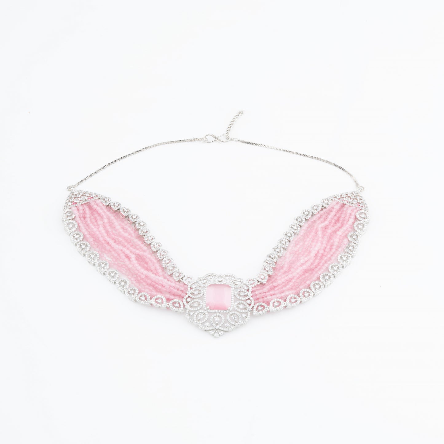 Victorian-Style Bandai American Diamond Choker Necklace Set with Baby Pink Beads