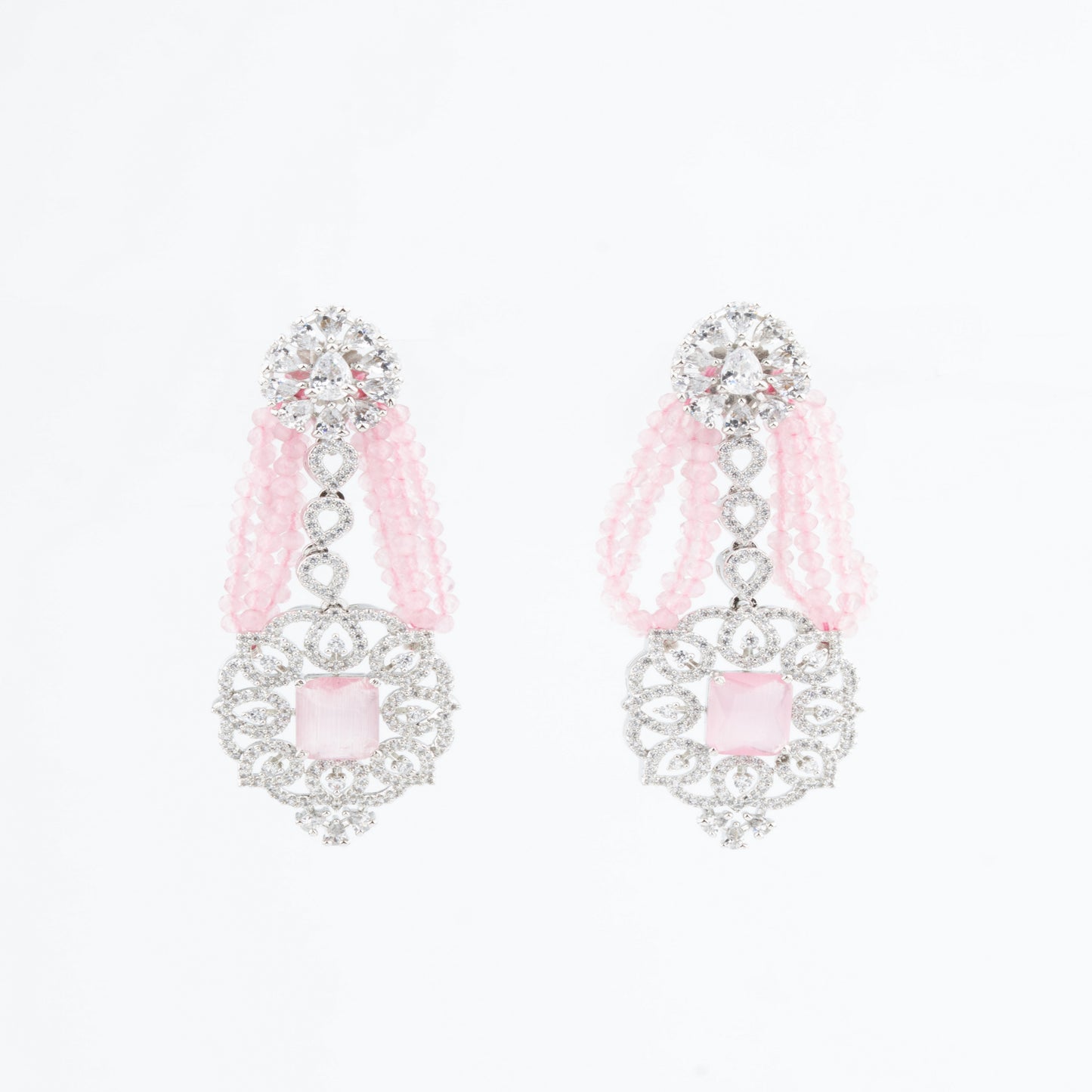 Victorian-Style Bandai American Diamond Choker Necklace Set with Baby Pink Beads