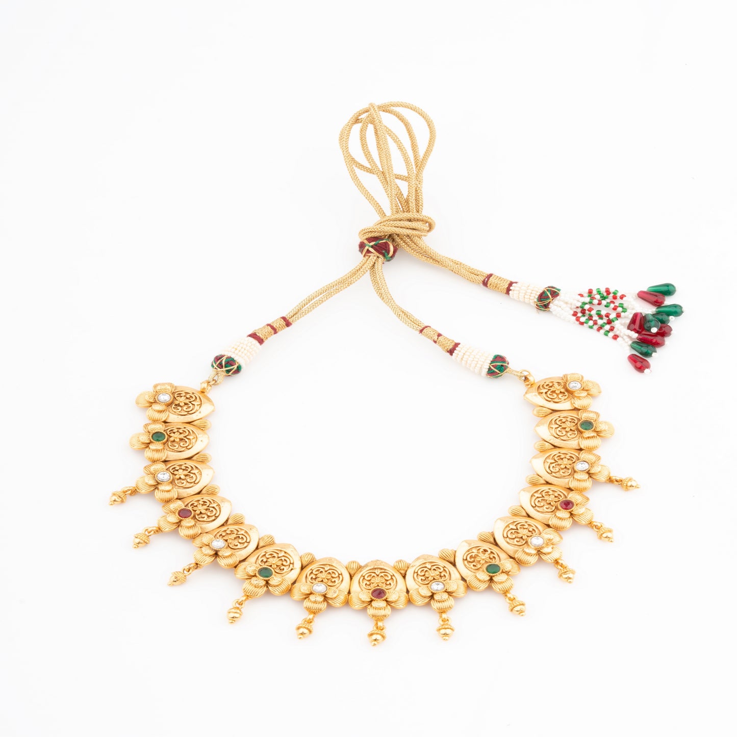 Embrace Heritage: Brass Temple Necklace with Leaf Detailing & Gem Accents