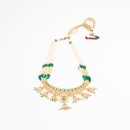 Brass Long Bandai-Style Kundan Necklace Set with American Diamonds and Sea Green Stone Detailing