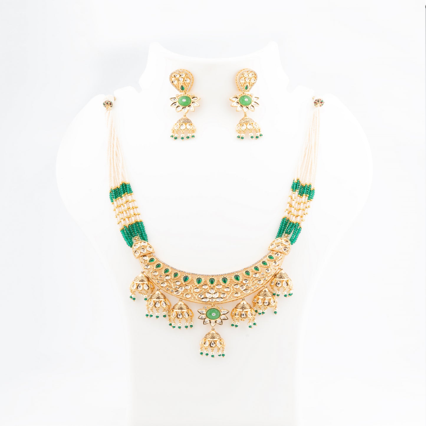 Brass Long Bandai-Style Kundan Necklace Set with American Diamonds and Sea Green Stone Detailing