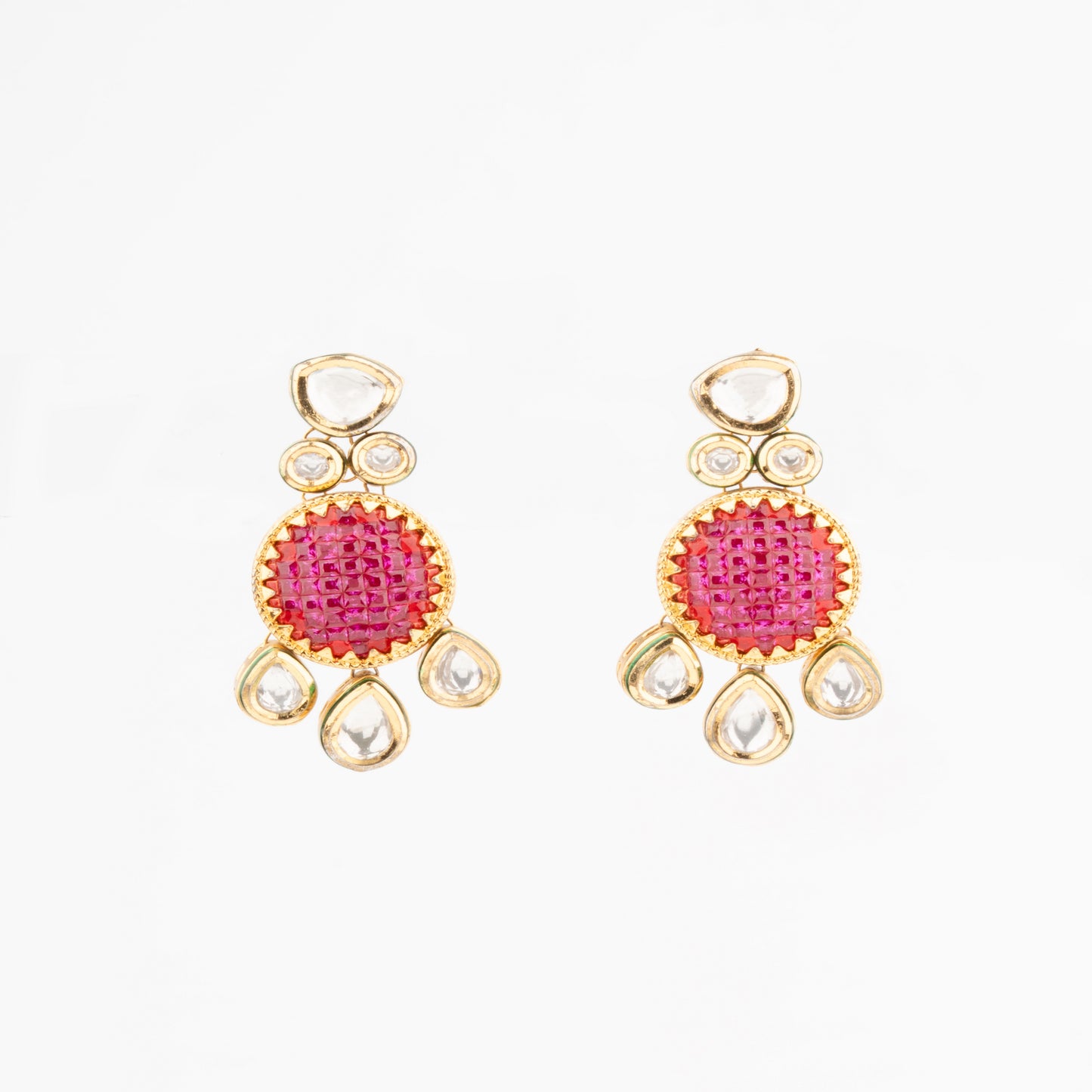 Brass Vilandi Kundan Necklace Set with Ruby-Colored Stone and Gold Polish