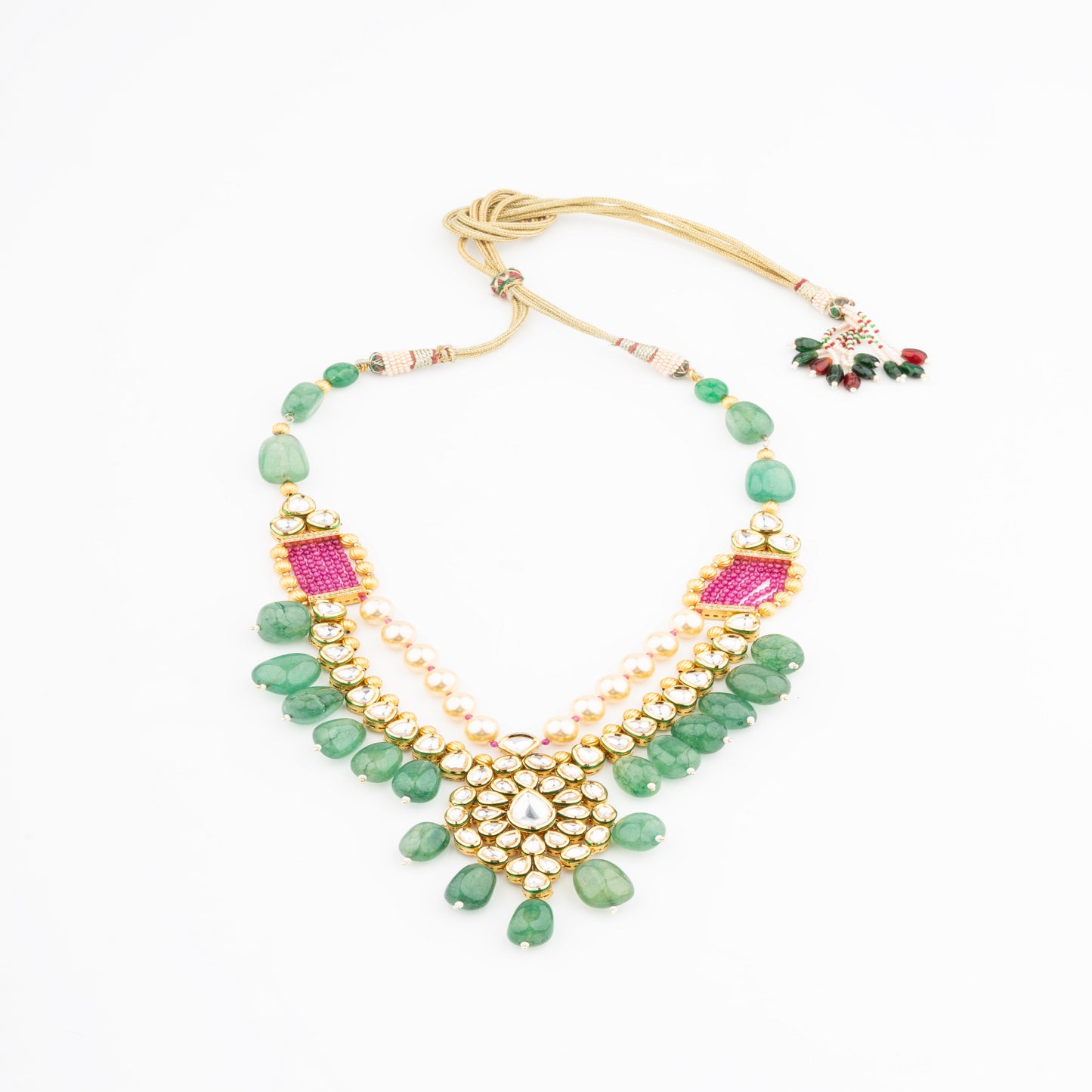 Royal Heritage Fusion: Multistrand Kundan Necklace with Ruby, Pearls & Meenakari Jhumkas