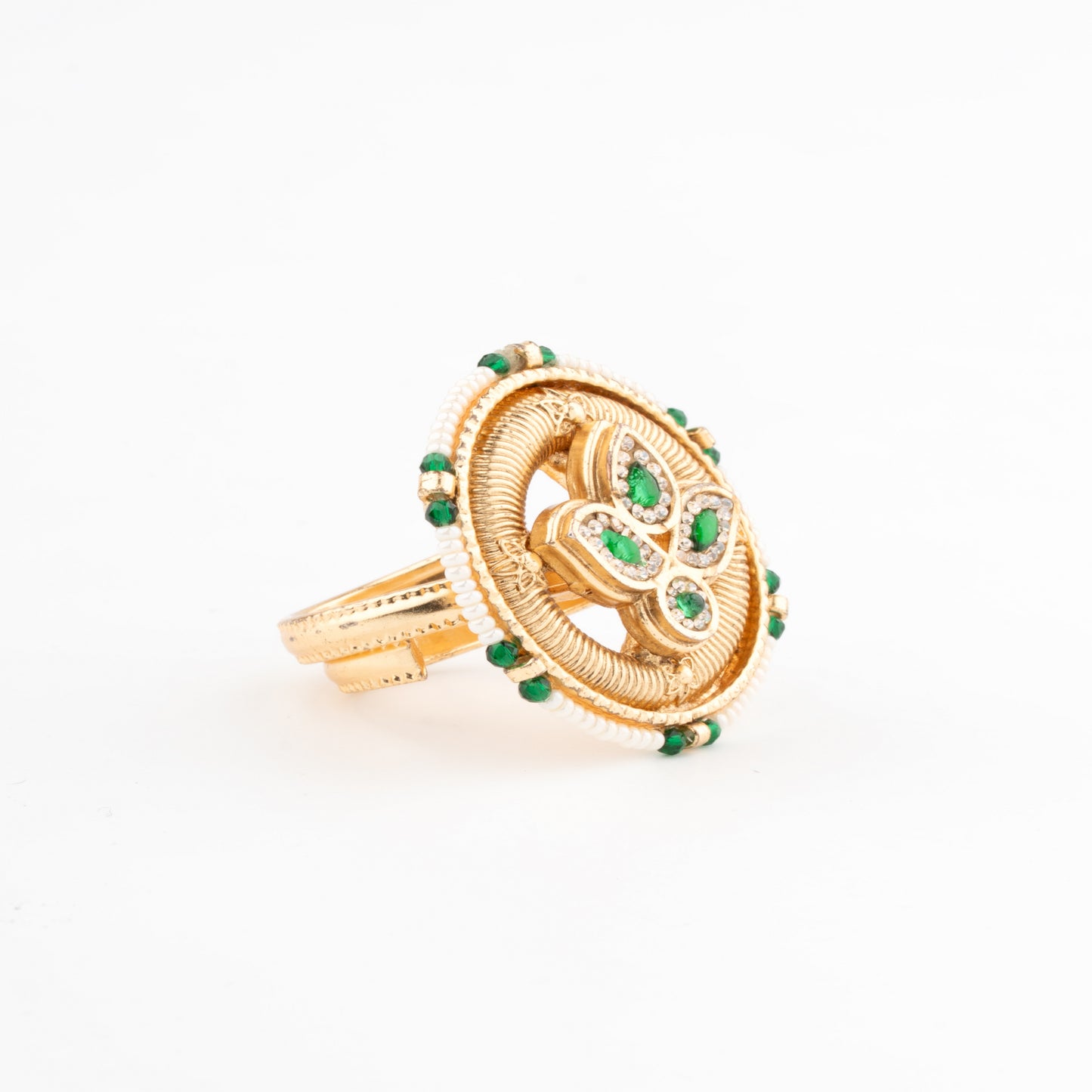 Regal Gold-Toned Ring with Green Gem Accents & Beaded Border
