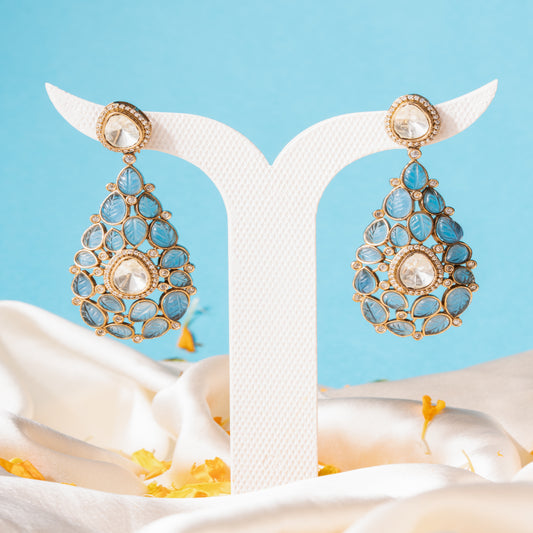 Victorian style Kundan Teardrop Statement Earrings with Blue Carved Stones