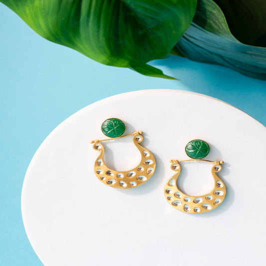 Traditional Gold-Toned Hoop Earrings with Green Carved Stone Studs
