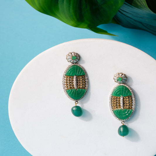 Oval Green carved Stone Earrings with Antique Rhodium and Gold Polish