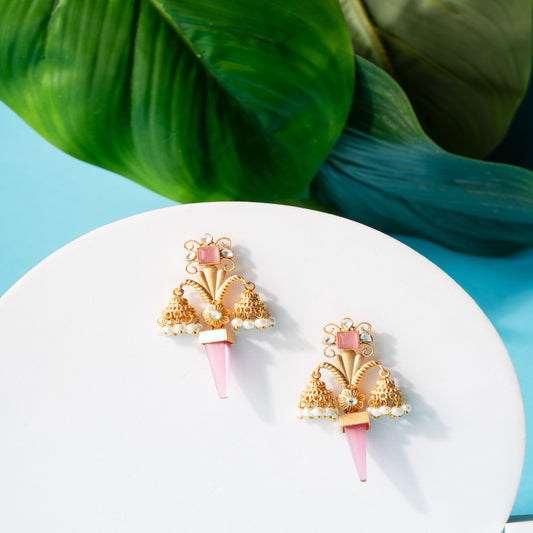 Cone-shaped Elegant Brass Earrings with Monalisa Baby Pink Stone, Kundan & Pearl Accents