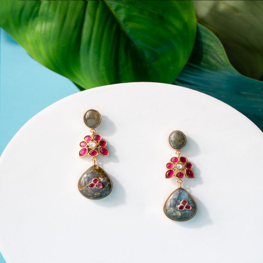 Elegant Labradorite and Ruby Red Stone Drop Earrings