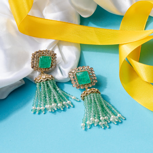 Kundan Cocktail Earrings with Emerald Centerpiece and Sea Green Beaded Tassels