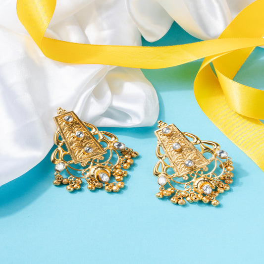 Geometrical pattern inspired temple Earrings with Kundan Accents