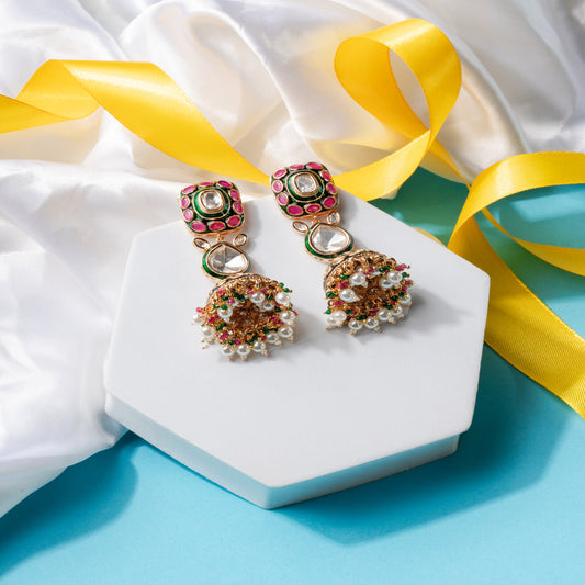 Rajasthani style Kundan Meenakari Jhumka Earrings