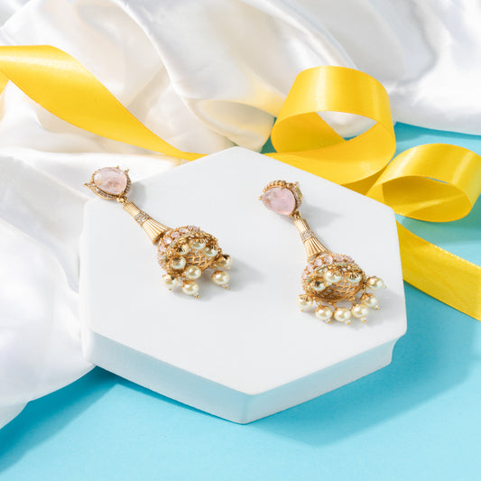 Indo western style Gold-Polished Jhumka Earrings with Kundan, Baby Pink Stones & Yellow Pearls
