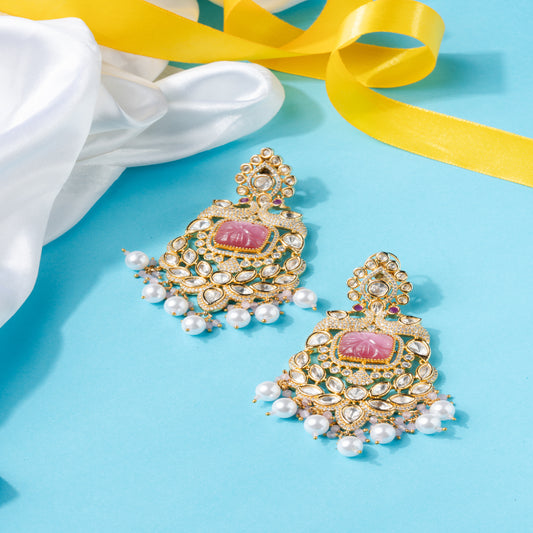 Absolute Show stopper Brass Kundan Earrings with Baby Pink Carved Stone & Peacock Motif