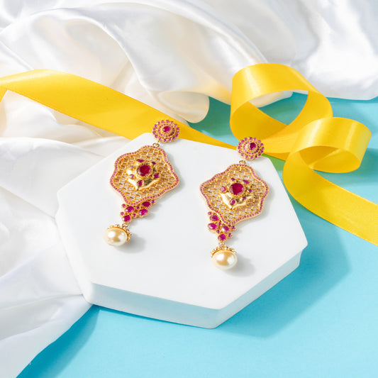 Royal Ruby Meshwork Earrings with Pearl Drop Description: