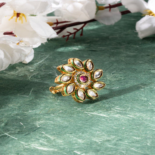 Ruby Centerpiece Kundan Floral Ring with Gold Finish