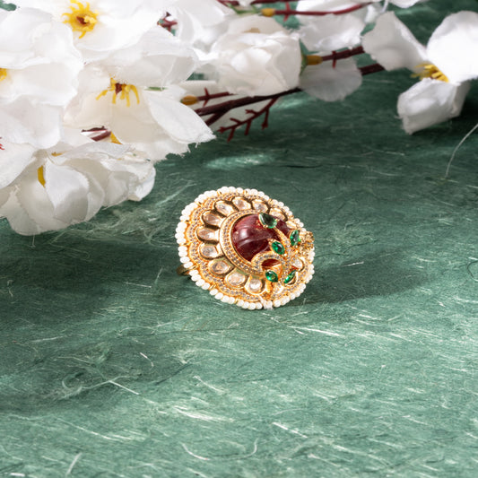 Exquisite Gold-Polished Statement Ring with Ruby Carving and Pearl Accents