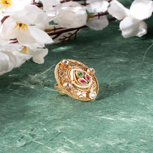Antique Gold Temple-Inspired Oval Ring with Red & Green Gem Accents