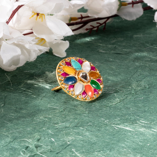 Vibrant Navratna-Inspired Ring in Gold Finish