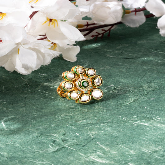 Vilandi Kundan Brass Ring with Green Stone & American Diamonds