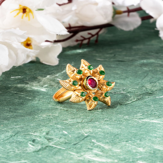 Antique Floral Temple Statement Ring with Ruby and Emerald Accents