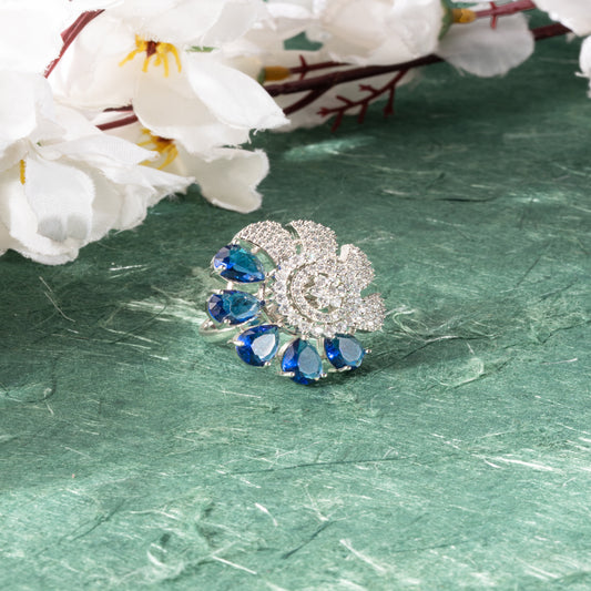Blue Bloom Cocktail Ring in Rhodium Finish with a floral design
